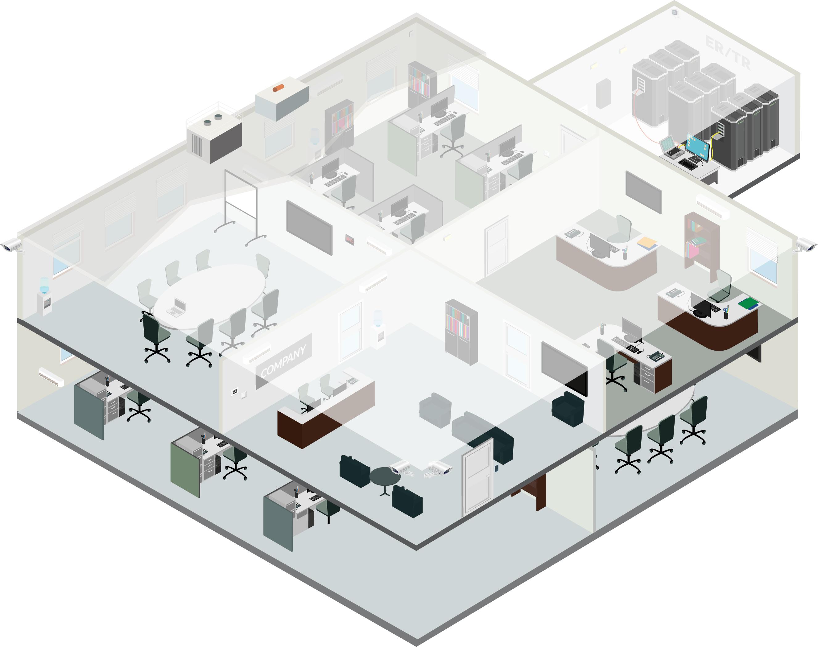 Enterprise office building illustration showing multiple work areas, conference rooms, and telecom room.
